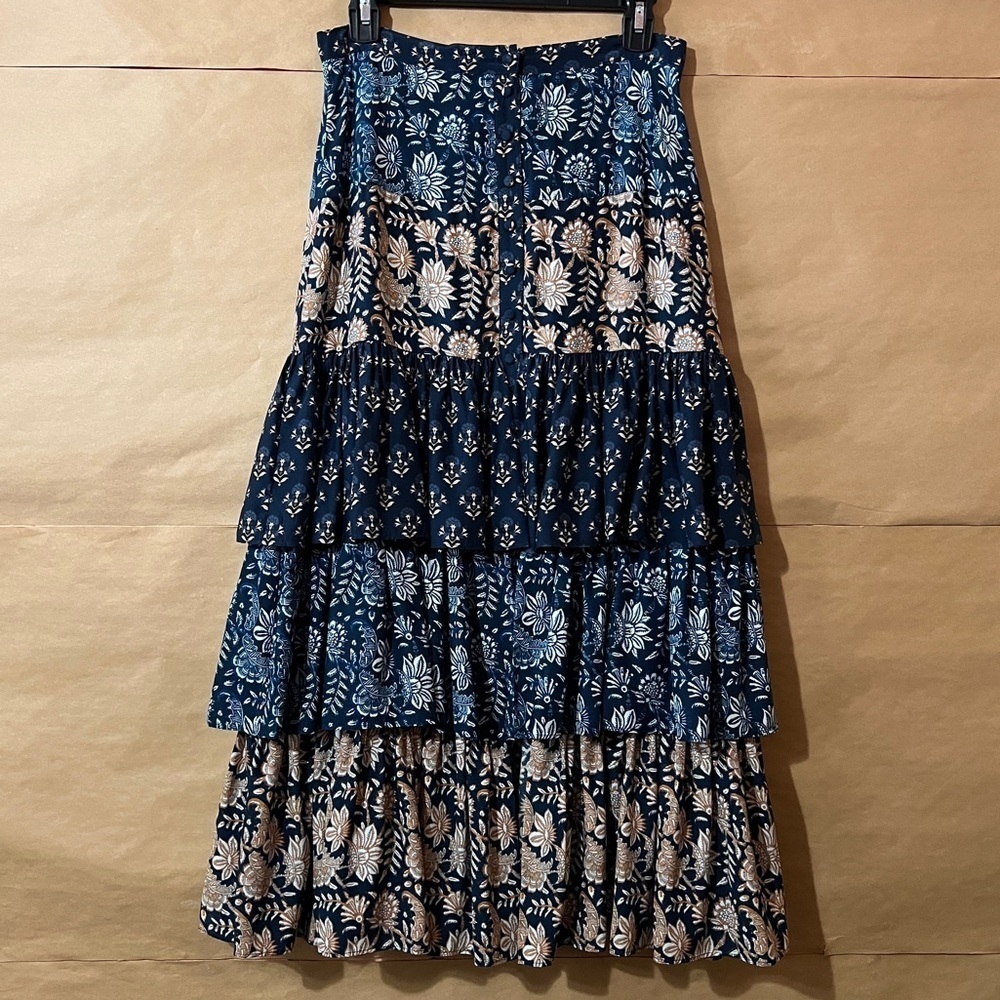 Figue | Antoinette Midi Skirt Silk Mixed Print Batik Tiered Button Front Size 6